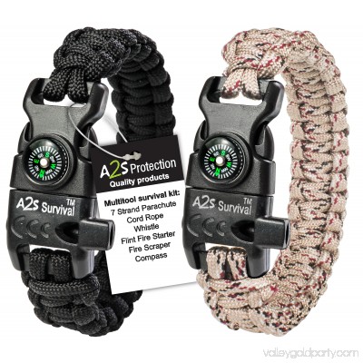 A2S Protection Paracord Bracelet K2-Peak - Survival Gear Kit with Embedded Compass, Fire Starter, Emergency Knife & Whistle Black / Black Adjustable size